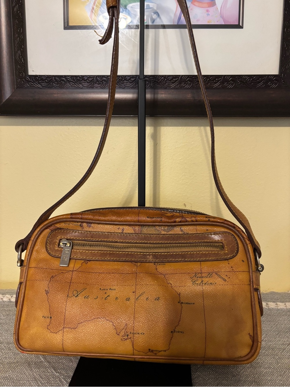 Alviero Martini Brown Map-Print Leather Shoulder Bag